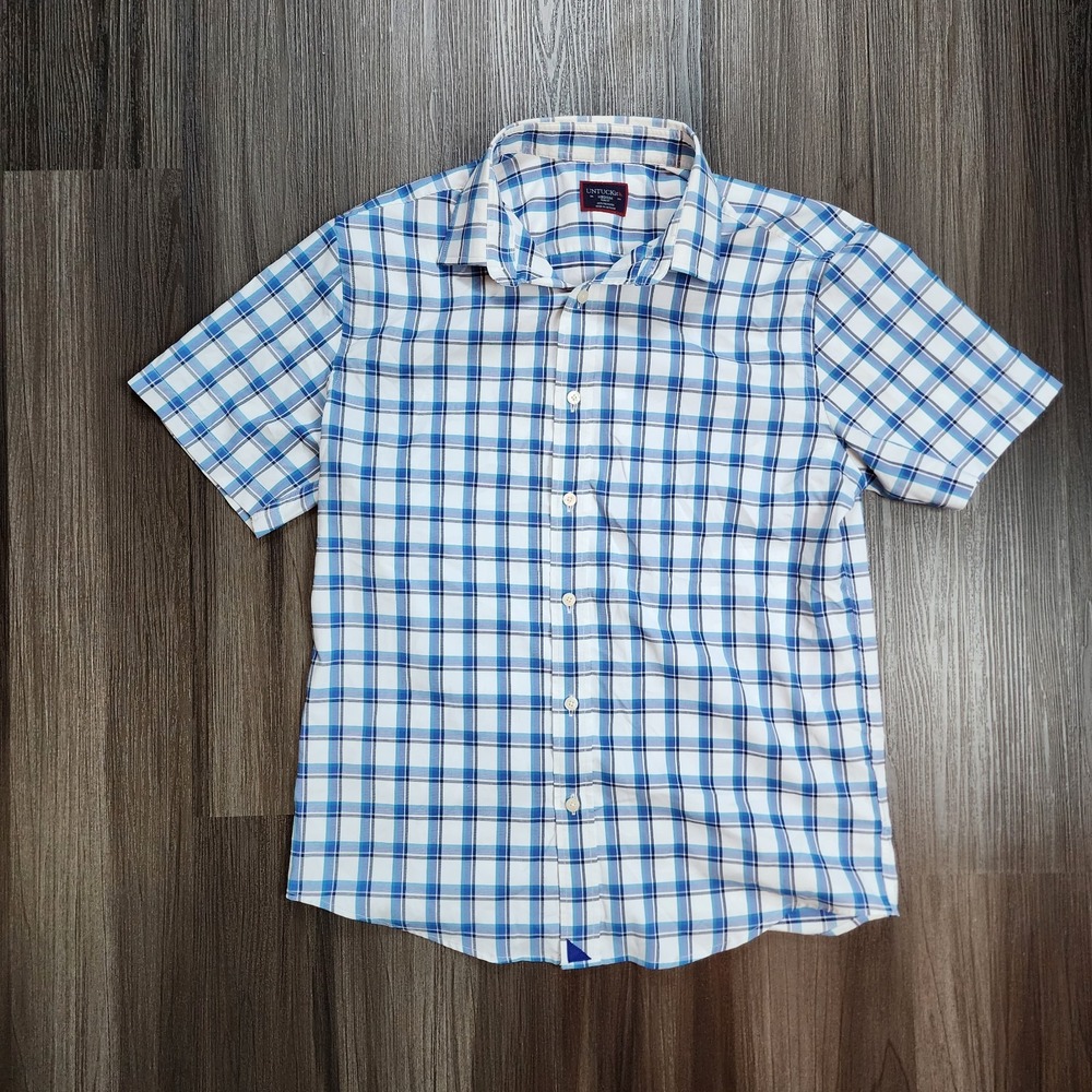 Untuckit Short Sleeve Button Up Shirt Men's Medium Slim Plaid Blue Nylon